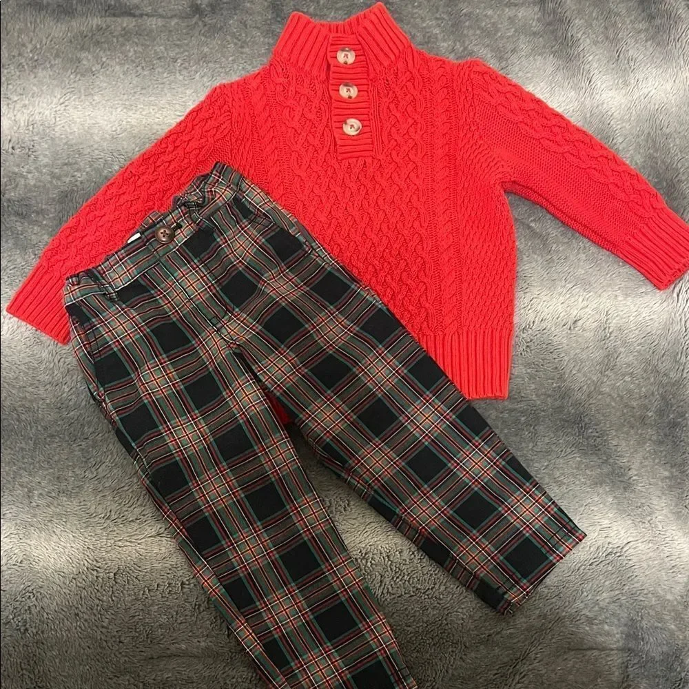 Cat & Jack Red Cable Knit Sweater and Plaid Pants like New Condition